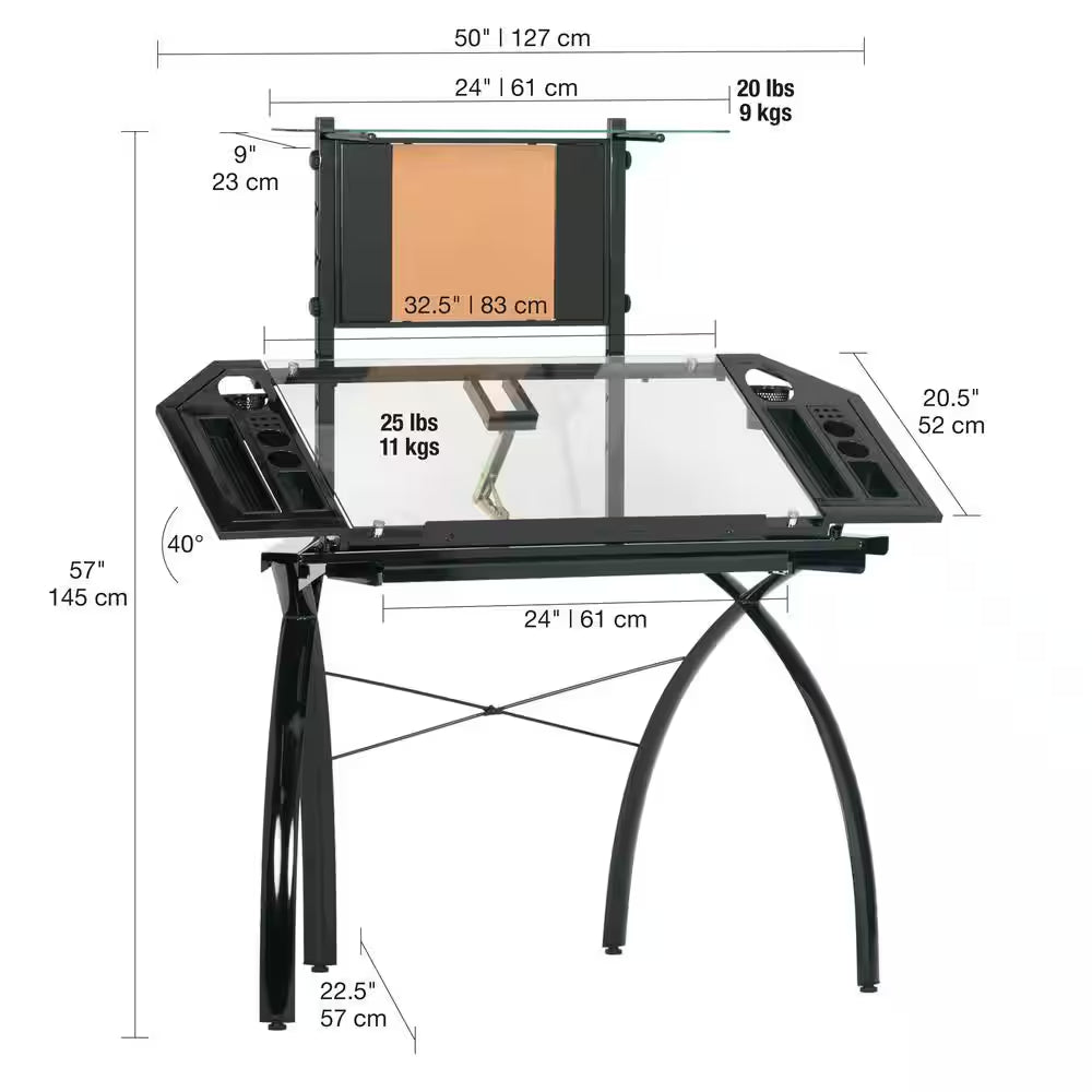 Futura Collection: 32.5" W Metal and Glass Craft Tower with Art Storage, Shelf & Magnetic/Cork Board, Black