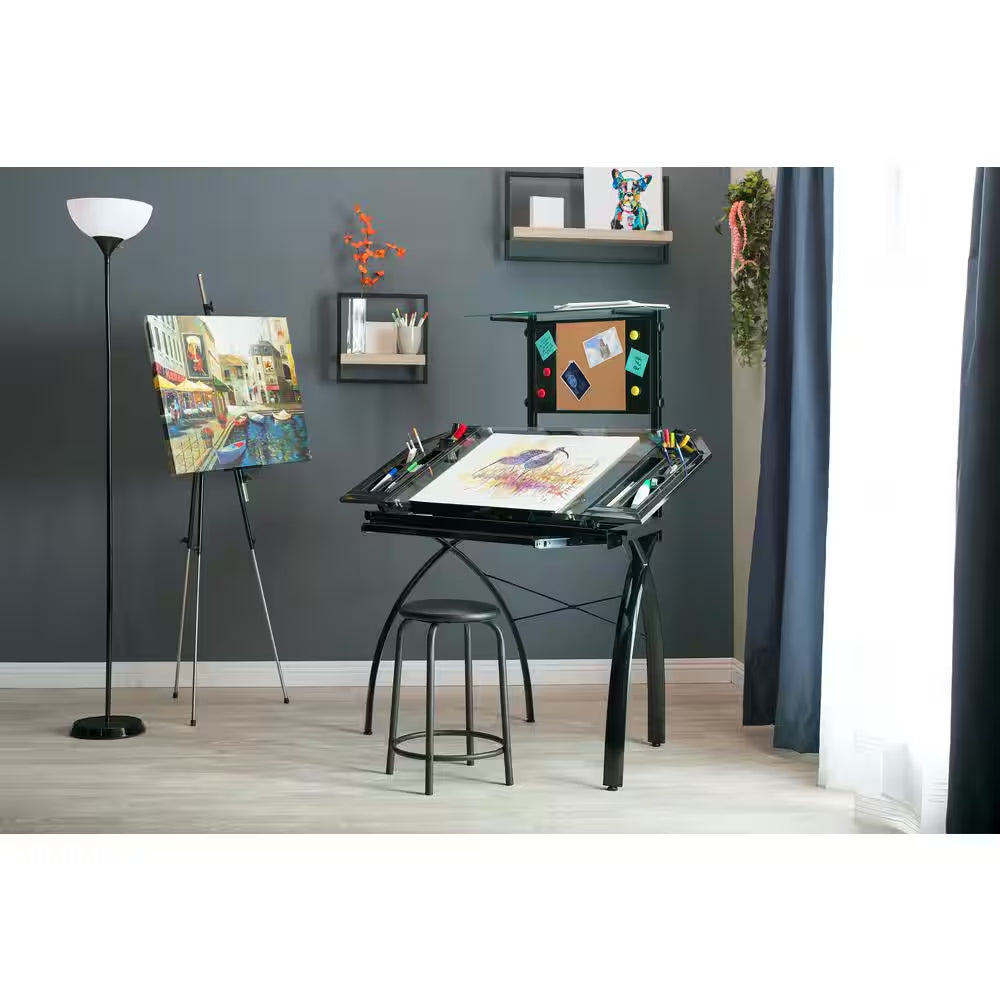 Futura Collection: 32.5" W Metal and Glass Craft Tower with Art Storage, Shelf & Magnetic/Cork Board, Black